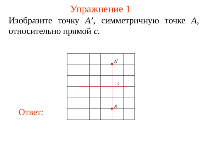 Упражнение 1 Изобразите точку A’ , симметричную точке A , относительно прямой c . В режиме слайдов ответы появляются после кликанья мышкой Ответ: 3 