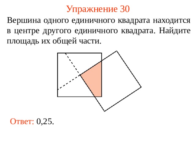 Упражнение 30 Вершина одного единичного квадрата находится в центре другого единичного квадрата. Найдите площадь их общей части. В режиме слайдов ответы появляются после кликанья мышкой Ответ:  0,25 . 32 