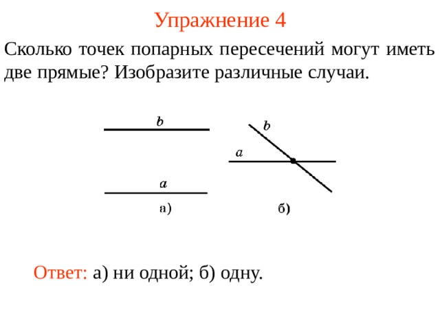 Упражнение 4 Сколько точек попарных пересечений могут иметь две прямые? Изобразите различные случаи. В режиме слайдов ответы появляются после кликанья мышкой Ответ: а) ни одной; б) одну.  