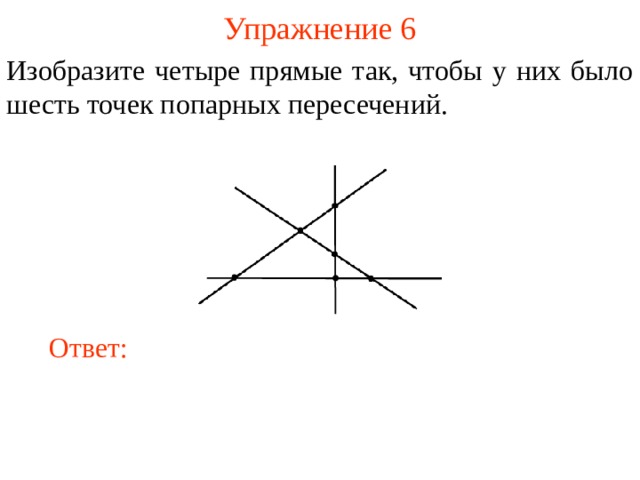 Упражнение 6 Изобразите четыре прямые так, чтобы у них было шесть точек попарных пересечений. В режиме слайдов ответы появляются после кликанья мышкой Ответ:  