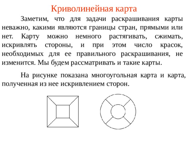 Криволинейная карта  Заметим, что для задачи раскрашивания карты неважно, какими являются границы стран, прямыми или нет. Карту можно немного растягивать, сжимать, искривлять стороны, и при этом число красок, необходимых для ее правильного раскрашивания, не изменится. Мы будем рассматривать и такие карты.  На рисунке показана многоугольная карта и карта, полученная из нее искривлением сторон. В режиме слайдов ответы появляются после кликанья мышкой  