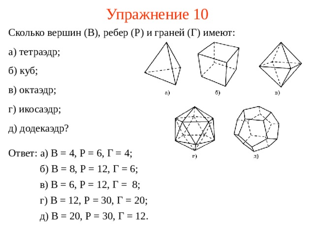 Сколько граней ребер вершин и диагоналей у каждого из изображенных на рисунке многогранников