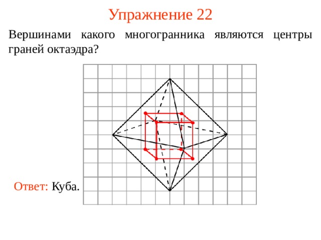 Упражнение 22 Вершинами какого многогранника являются центры граней октаэдра? В режиме слайдов ответ появляется после кликанья мышкой. Ответ: Куба.   