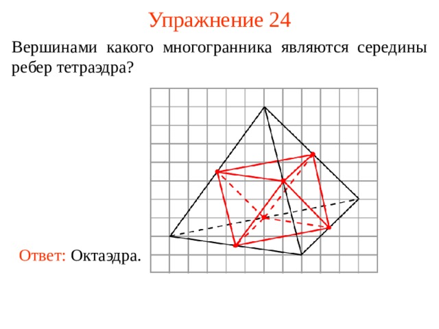 Упражнение 24 Вершинами какого многогранника являются середины ребер тетраэдра? В режиме слайдов ответ появляется после кликанья мышкой. Ответ: Октаэдра.   