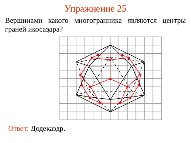 Упражнение 25 Вершинами какого многогранника являются центры граней икосаэдра? В режиме слайдов ответ появляется после кликанья мышкой. Ответ: Додекаэдр.   