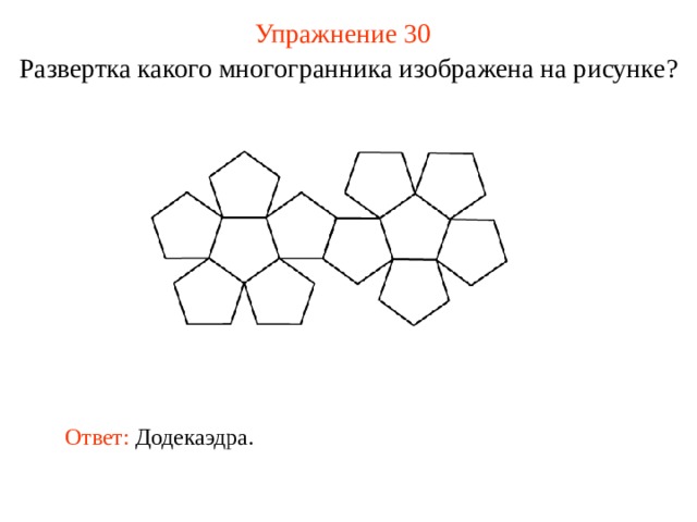 Упражнение 30 Развертка какого многогранника изображена на рисунке? В режиме ответ появляется после кликанья мышкой Ответ: Додекаэдра .  