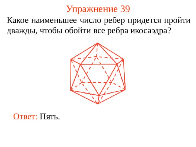 Упражнение 39 Какое наименьшее число ребер придется пройти дважды, чтобы обойти все ребра икосаэдра ? В режиме слайдов ответы появляются после кликанья мышкой Ответ:  Пять.   