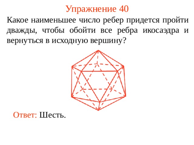 Упражнение 40 Какое наименьшее число ребер придется пройти дважды, чтобы обойти все ребра икосаэдра и вернуться в исходную вершину ? В режиме слайдов ответы появляются после кликанья мышкой Ответ:  Шесть.   