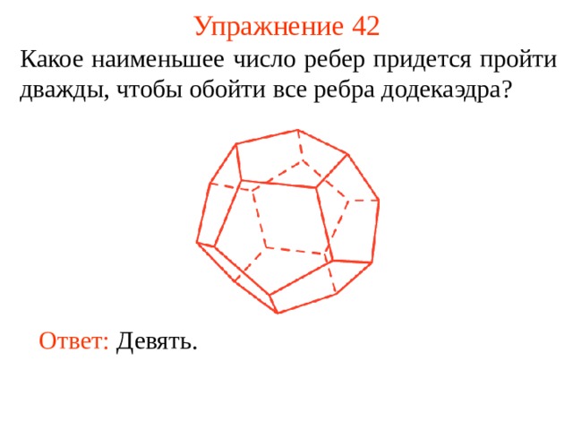 Упражнение 42 Какое наименьшее число ребер придется пройти дважды, чтобы обойти все ребра додекаэдра ? В режиме слайдов ответы появляются после кликанья мышкой Ответ:  Девять.   