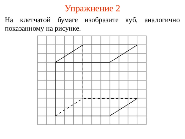 Упражнение 2 На клетчатой бумаге изобразите куб, аналогично показанному на рисунке. В режиме слайдов ответ появляется после кликанья мышкой.  