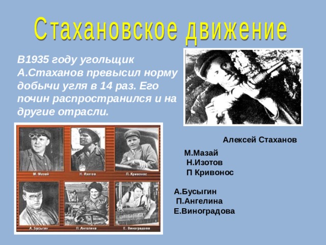 В1935 году угольщик А.Стаханов превысил норму добычи угля в 14 раз. Его почин распространился и на другие отрасли.   Алексей Стаханов М.Мазай  Н.Изотов  П Кривонос А.Бусыгин  П.Ангелина Е.Виноградова  
