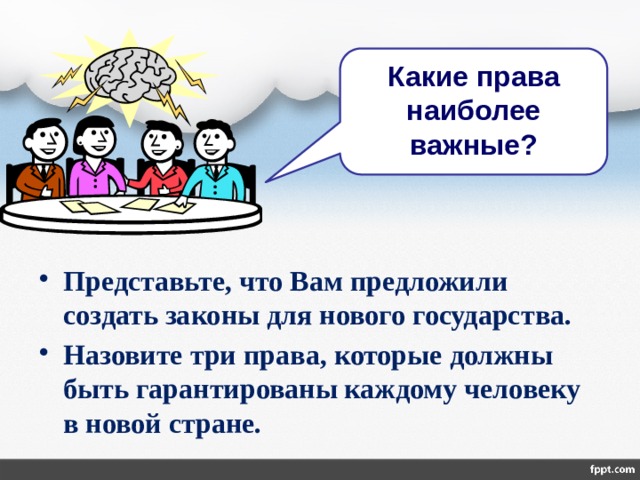 Какие права наиболее важные?  Представьте, что Вам предложили создать законы для нового государства. Назовите три права, которые должны быть гарантированы каждому человеку в новой стране. 