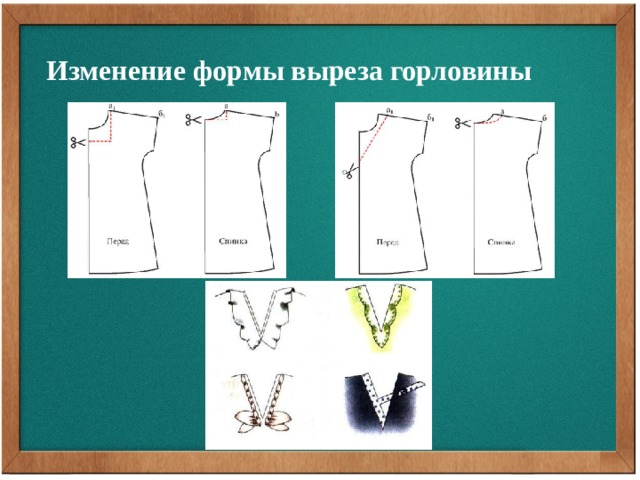 Изменение формы выреза горловины Допустим, вас не устраивает овальная форма выреза горловины и вы хотите изменить ее на прямоугольную, V-образную или фигурную. Для этого на выкройках переда и спинки нужно нанести новую линию выреза горловины и срезать лишнюю часть выкройки. При моделировании выреза горловины следует учитывать, что ширина плеча спинки ab должна быть равна ширине плеча переда  cd . После обработки выреза горловины подкройными обтачками его можно отделать рюшем, бантом, планкой и т. д.  