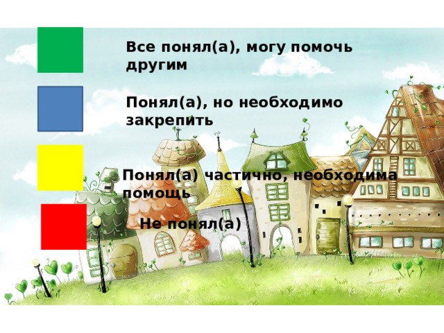 Все понял(а), могу помочь другим Понял(а), но необходимо закрепить Понял(а) частично, необходима помощь Не понял(а) 