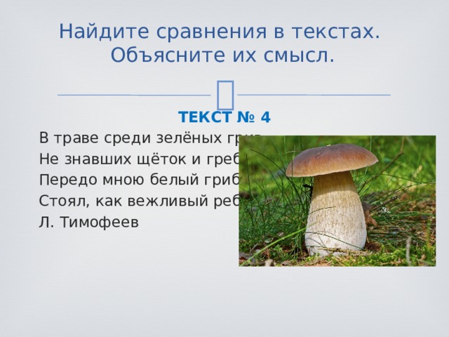 Найдите сравнения в текстах.  Объясните их смысл.   ТЕКСТ № 4 В траве среди зелёных грив, Не знавших щёток и гребёнок, Передо мною белый гриб Стоял, как вежливый ребёнок. Л. Тимофеев 