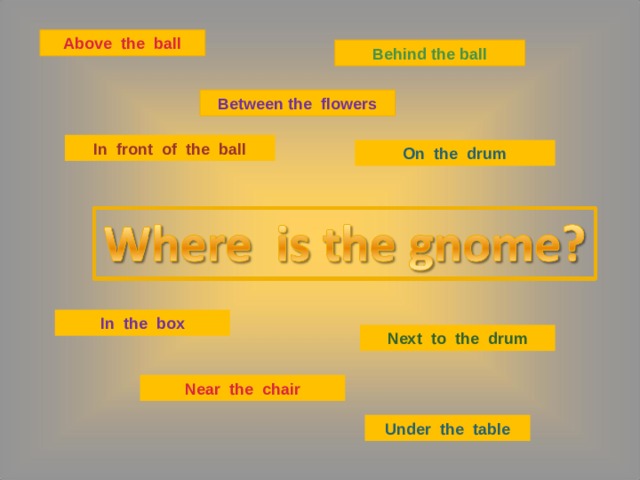 Above the ball Behind the ball Between the flowers In front of the ball On the drum In the box Next to the drum Near the chair Under the table 