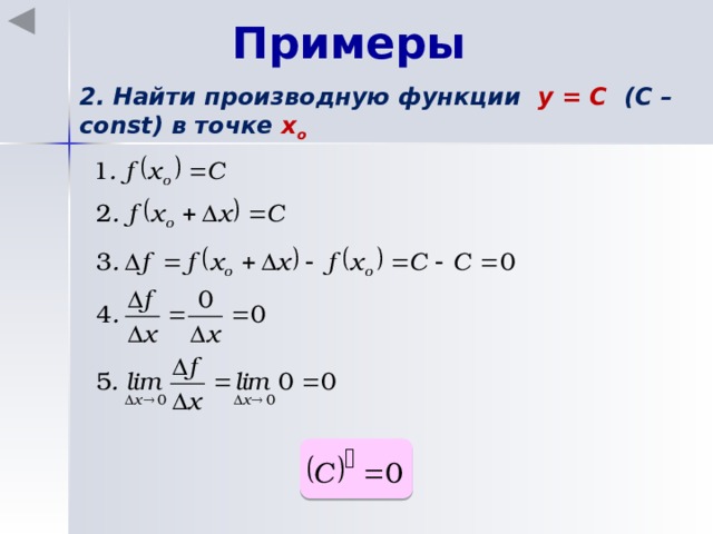 Примеры 2. Найти производную функции y = C (C – const) в точке х o 