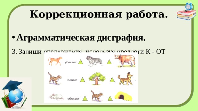 Коррекционная работа. Аграмматическая дисграфия. 3. Запиши предложения, используя предлоги К - ОТ   