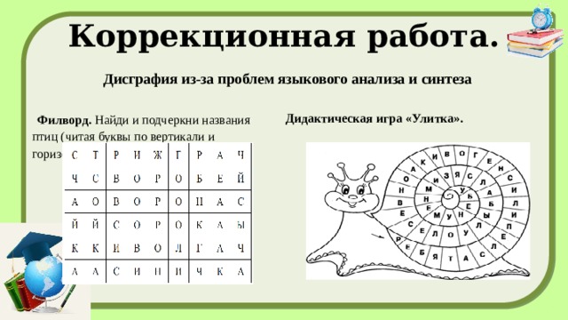 Коррекционная работа.   Дисграфия из-за проблем языкового анализа и синтеза   Филворд.  Найди и подчеркни названия птиц (читая буквы по вертикали и горизонтали) Дидактическая игра «Улитка». 