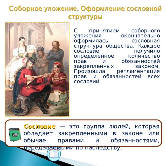 Принятие соборного уложения. Регламентация прав и обязанностей всех сословий. Сословное уложение. Оформление сословной структуры регламентация прав сословий. Регламентация прав Соборное уложение.