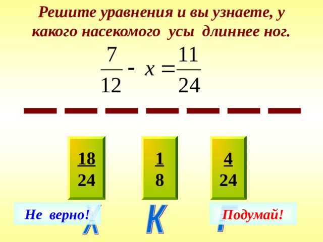 Решите уравнения и вы узнаете, у какого насекомого усы длиннее ног. 18 24 4 24 1 8 Не верно! Подумай! 