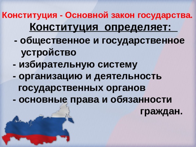 Конституция - Основной закон государства.  Конституция определяет:  - общественное и государственное  устройство  - избирательную систему  - организацию и деятельность  государственных органов  - основные права и обязанности  граждан. 