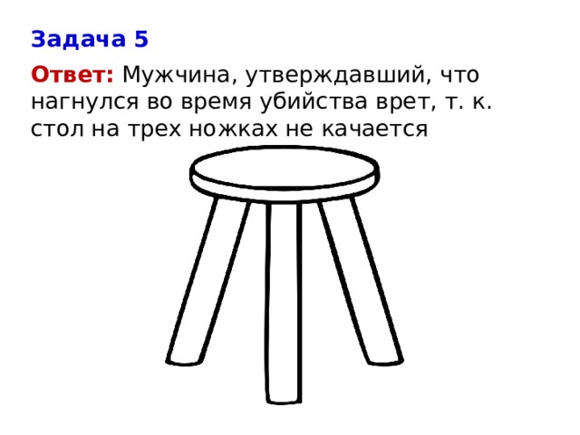 Задача 5 Ответ: Мужчина, утверждавший, что нагнулся во время убийства врет, т. к. стол на трех ножках не качается 