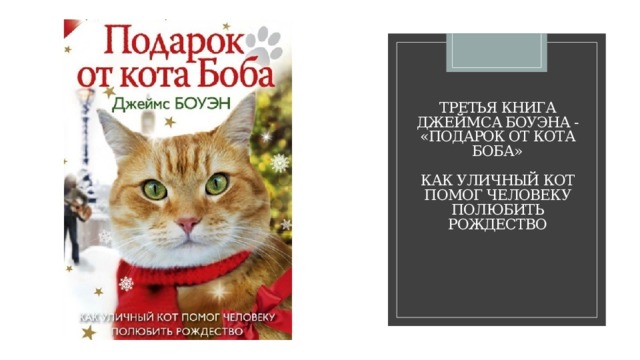 Третья книга Джеймса Боуэна - «Подарок от кота Боба»   Как уличный кот помог человеку полюбить Рождество     