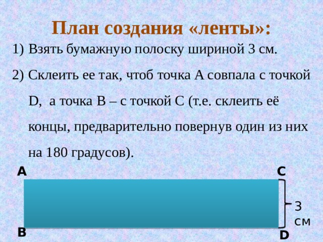 План создания «ленты»: Взять бумажную полоску шириной 3 см. Склеить ее так, чтоб точка A совпала с точкой D, а точка B – с точкой C (т.е. склеить её концы, предварительно повернув один из них на 180 градусов). А С 3 см В D 