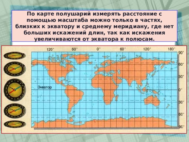 По карте полушарий измерять расстояние с помощью масштаба можно только в частях, близких к экватору и среднему меридиану, где нет больших искажений длин, так как искажения увеличиваются от экватора к полюсам. 