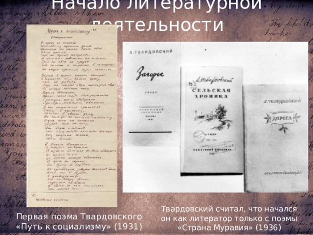 Начало литературной деятельности Твардовский считал, что начался он как литератор только с поэмы «Страна Муравия» (1936) Первая поэма Твардовского «Путь к социализму» (1931) 