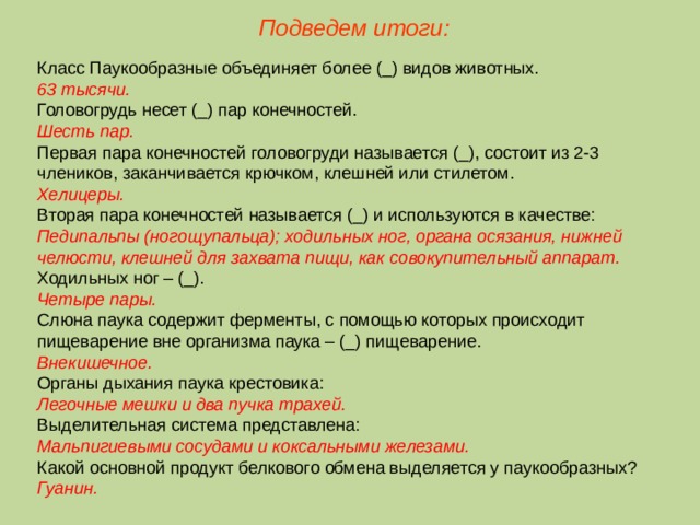 Подведем итоги: Класс Паукообразные объединяет более (_) видов животных. 63 тысячи. Головогрудь несет (_) пар конечностей. Шесть пар. Первая пара конечностей головогруди называется (_), состоит из 2-3 члеников, заканчивается крючком, клешней или стилетом. Хелицеры. Вторая пара конечностей называется (_) и используются в качестве: Педипальпы (ногощупальца); ходильных ног, органа осязания, нижней челюсти, клешней для захвата пищи, как совокупительный аппарат. Ходильных ног – (_). Четыре пары. Слюна паука содержит ферменты, с помощью которых происходит пищеварение вне организма паука – (_) пищеварение. Внекишечное. Органы дыхания паука крестовика: Легочные мешки и два пучка трахей. Выделительная система представлена: Мальпигиевыми сосудами и коксальными железами. Какой основной продукт белкового обмена выделяется у паукообразных? Гуанин.  
