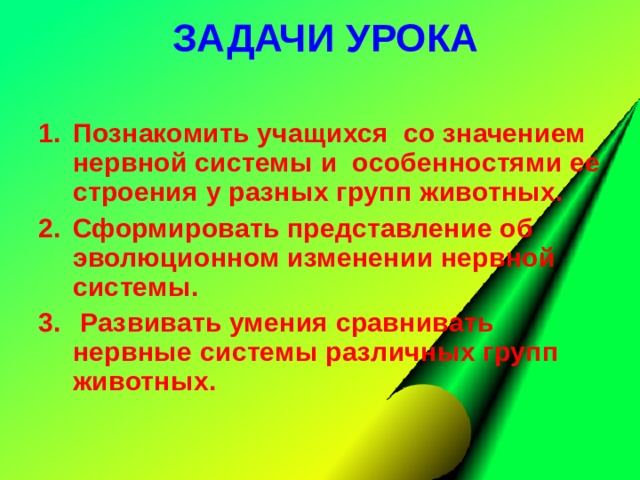  ЗАДАЧИ УРОКА   Познакомить учащихся со значением нервной системы и особенностями ее строения у разных групп животных. Сформировать представление об эволюционном изменении нервной системы.  Развивать умения сравнивать нервные системы различных групп животных.  