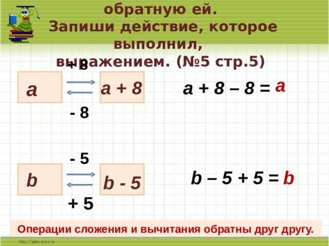 Выполни операцию, затем обратную ей.  Запиши действие, которое выполнил,  выражением. (№5 стр.5) + 8 a a a + 8 a + 8 – 8 = - 8 - 5 b b – 5 + 5 = b b - 5 + 5 Операции сложения и вычитания обратны друг другу.  