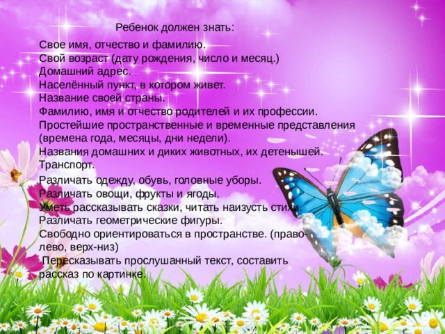 Ребенок должен знать:   Свое имя, отчество и фамилию. Свой возраст (дату рождения, число и месяц.) Домашний адрес. Населённый пункт, в котором живет. Название своей страны. Фамилию, имя и отчество родителей и их профессии. Простейшие пространственные и временные представления (времена года, месяцы, дни недели). Названия домашних и диких животных, их детенышей. Транспорт. Различать одежду, обувь, головные уборы. Различать овощи, фрукты и ягоды. Уметь рассказывать сказки, читать наизусть стихи. Различать геометрические фигуры. Свободно ориентироваться в пространстве. (право-лево, верх-низ)  Пересказывать прослушанный текст, составить рассказ по картинке. 