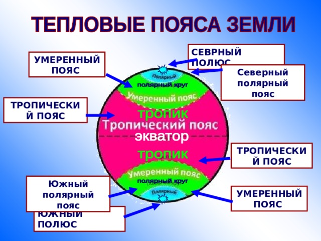 СЕВРНЫЙ ПОЛЮС УМЕРЕННЫЙ ПОЯС Северный полярный пояс ТРОПИЧЕСКИЙ ПОЯС ТРОПИЧЕСКИЙ ПОЯС Южный полярный пояс УМЕРЕННЫЙ ПОЯС ЮЖНЫЙ ПОЛЮС 