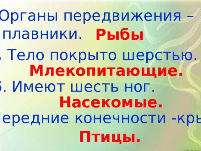 4 . Органы передвижения –  плавники. Рыбы 5. Тело покрыто шерстью. Млекопитающие. 6 . Имеют шесть ног. Насекомые. 7 . Передние конечности -крылья. Птицы. 