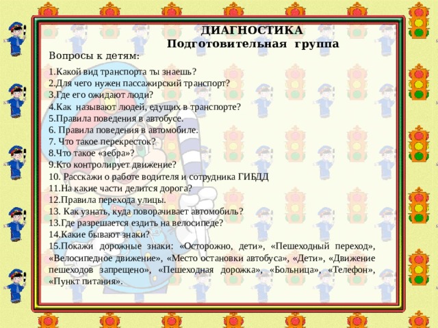      ДИАГНОСТИКА  Подготовительная группа  Вопросы к детям: 1.Какой вид транспорта ты знаешь? 2.Для чего нужен пассажирский транспорт? 3.Где его ожидают люди? 4.Как называют людей, едущих в транспорте? 5.Правила поведения в автобусе. 6. Правила поведения в автомобиле. 7. Что такое перекресток? 8.Что такое «зебра»? 9.Кто контролирует движение? 10. Расскажи о работе водителя и сотрудника ГИБДД 11.На какие части делится дорога? 12.Правила перехода улицы. 13. Как узнать, куда поворачивает автомобиль? 13.Где разрешается ездить на велосипеде? 14.Какие бывают знаки? 15.Покажи дорожные знаки: «Осторожно, дети», «Пешеходный переход», «Велосипедное движение», «Место остановки автобуса», «Дети», «Движение пешеходов запрещено», «Пешеходная дорожка», «Больница», «Телефон», «Пункт питания». 