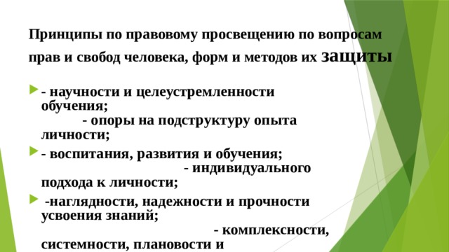 Принципы по правовому просвещению по вопросам прав и свобод человека, форм и методов их защиты - научности и целеустремленности обучения; - опоры на подструктуру опыта личности; - воспитания, развития и обучения; - индивидуального подхода к личности;  -наглядности, надежности и прочности усвоения знаний; - комплексности, системности, плановости и последовательности обучения; 