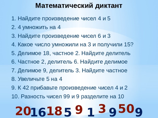 Математический диктант 1. Найдите произведение чисел 4 и 5 2. 4 умножить на 4 3. Найдите произведение чисел 6 и 3 4. Какое число умножили на 3 и получили 15? 5. Делимое 18, частное 2. Найдите делитель 6. Частное 2, делитель 6. Найдите делимое 7. Делимое 9, делитель 3. Найдите частное 8. Увеличьте 5 на 4 9. К 42 прибавьте произведение чисел 4 и 2 10. Разность чисел 99 и 9 разделите на 10  50 3 9 20 18 16 5 12 9 9 