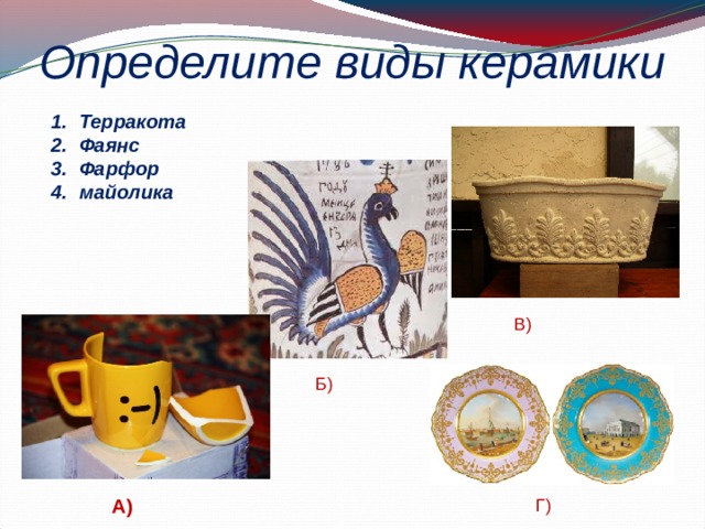 Определите виды керамики Терракота Фаянс Фарфор майолика В) Б) А) Г) 