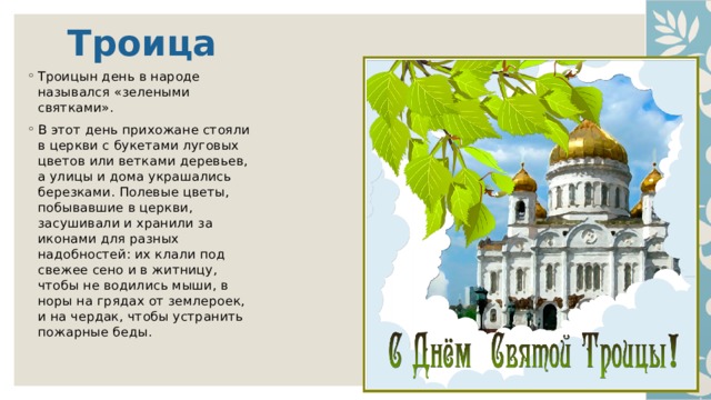 Троица Троицын день в народе назывался «зелеными святками». В этот день прихожане стояли в церкви с букетами луговых цветов или ветками деревьев, а улицы и дома украшались березками. Полевые цветы, побывавшие в церкви, засушивали и хранили за иконами для разных надобностей: их клали под свежее сено и в житницу, чтобы не водились мыши, в норы на грядах от землероек, и на чердак, чтобы устранить пожарные беды.   