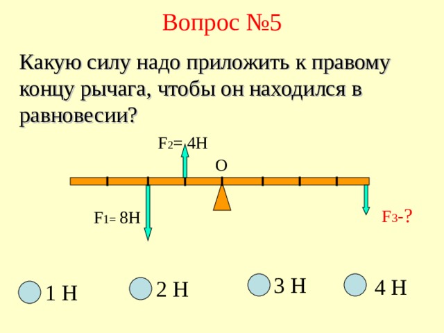 Вопрос №5 Какую силу надо приложить к правому концу рычага, чтобы он находился в равновесии?   F 2 = 4 H О F 3 - ? F 1=  8 H 3 Н 4 Н 2 Н 1 Н 
