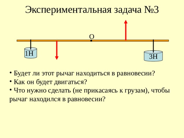 Экспериментальная задача №3 О 1Н 3Н  Будет ли этот рычаг находиться в равновесии?  Как он будет двигаться?  Что нужно сделать (не прикасаясь к грузам), чтобы рычаг находился в равновесии?  