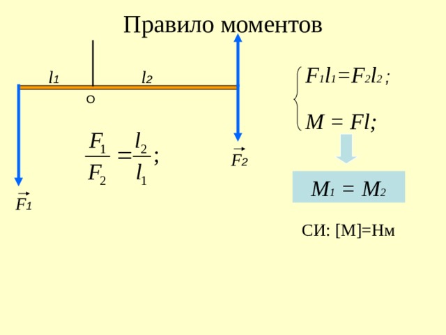 Правило моментов F 1 l 1 =F 2 l 2  ; l 1 l 2 O M = F l ; F 2     М 1 = М 2      F 1 СИ: [M]= Нм 