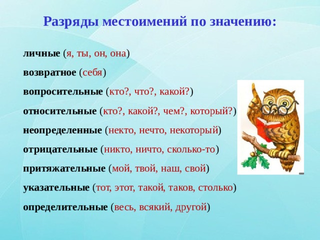 Разряды местоимений по значению: личные ( я, ты, он, она ) возвратное ( себя ) вопросительные ( кто?, что?, какой? ) относительные ( кто?, какой?, чем?, который? ) неопределенные ( некто, нечто, некоторый ) отрицательные ( никто, ничто, сколько-то ) притяжательные ( мой, твой, наш, свой ) указательные ( тот, этот, такой, таков, столько ) определительные ( весь, всякий, другой ) 