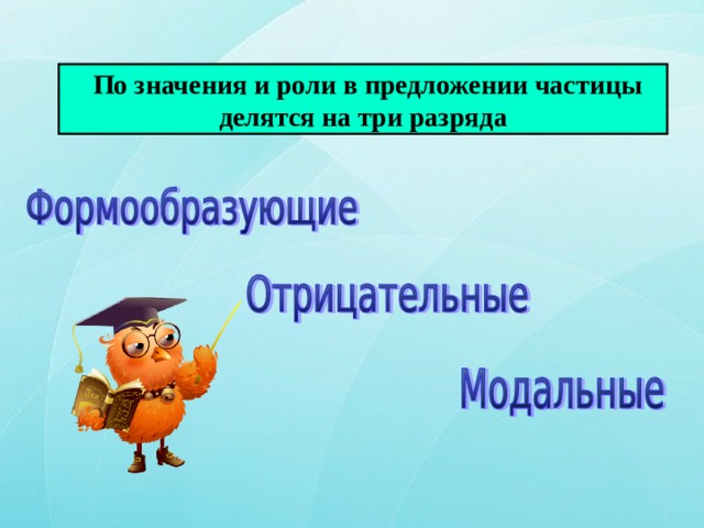  По значения и роли в предложении частицы делятся на три разряда 