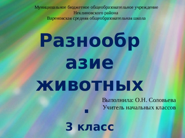 Муниципальное бюджетное общеобразовательное учреждение  Неклиновского района  Вареновская средняя общеобразовательная школа Разнообразие животных . 3 класс Выполнила: О.Н. Соловьева Учитель начальных классов 