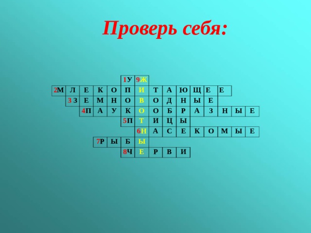 Проверь себя: 2 М Л 3 З Е К Е 1 У М О 4 П Н А 9 Ж П О У И К Т В 5 П О 7 Р О А Д Т О Ю Ы Н И Щ Б 6 Н Б Ы Р А Е 8 Ч Ц Ы Ы Е С Е Е А З Е Р К В Н Ы О И Е М Ы Е 