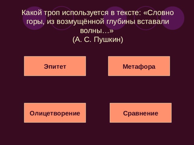 Какой троп используется в тексте: «Природой здесь нам суждено в Европу прорубить окно»? (А. С. Пушкин) Эпитет Метафора Олицетворение Сравнение